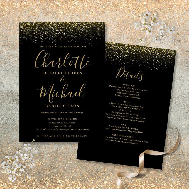 Invitation Mariage à paillettes noir et or Tout en un (All In One Black And Gold Glitter Script Wedding Invitation)