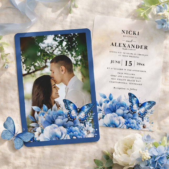 Invitation Mariage à papillon floral bleu (Navy blue white floral and butterflies wedding invitation with photo)