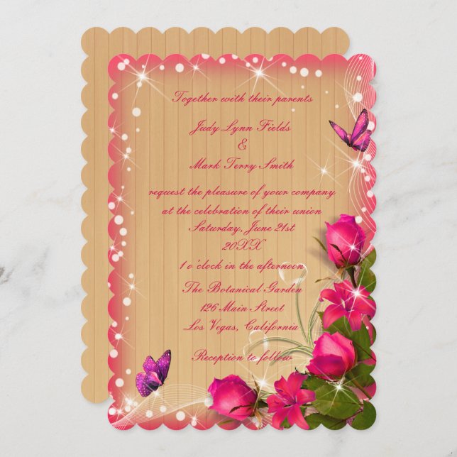 Invitation Mariage à papillon rose bois rustique (Devant / Derrière)