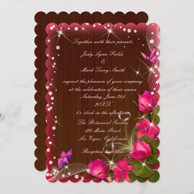 Invitation Mariage à papillon rose bois rustique (Devant / Derrière)