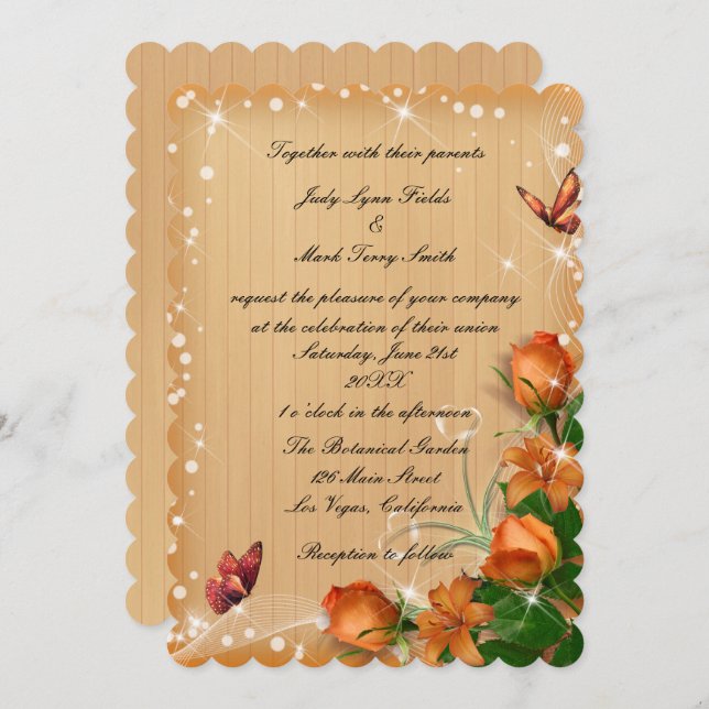 Invitation Mariage à papillons floraux en bois rustique (Devant / Derrière)