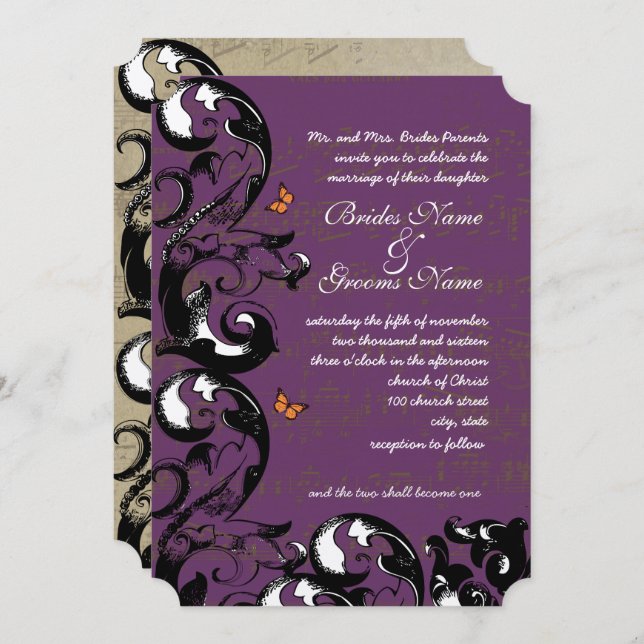 Invitation Mariage à perruque à papillon métallique Eggplant  (Devant / Derrière)
