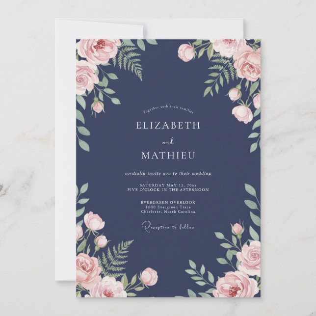 Invitation Mariage à Pétale Aquarelle de Minuit (Devant)