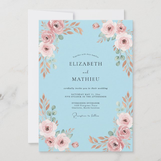 Invitation Mariage à Petale Bleu Ciel Rosé (Devant)