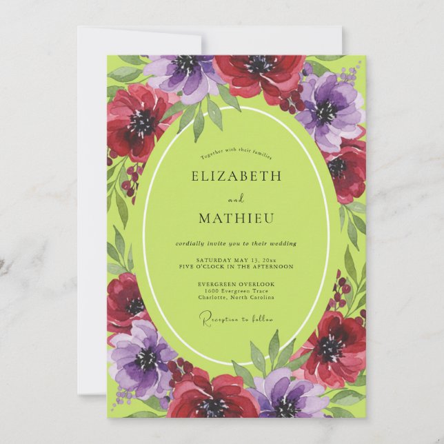 Invitation Mariage à pétale cramoisi chartreuse (Devant)