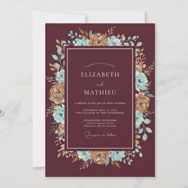 Invitation Mariage à pétale de bronze bordeaux (Devant)