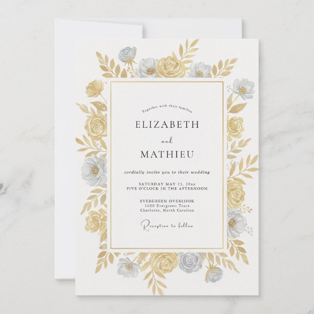 Invitation Mariage à Pétale de Slate Or Antique (Devant)