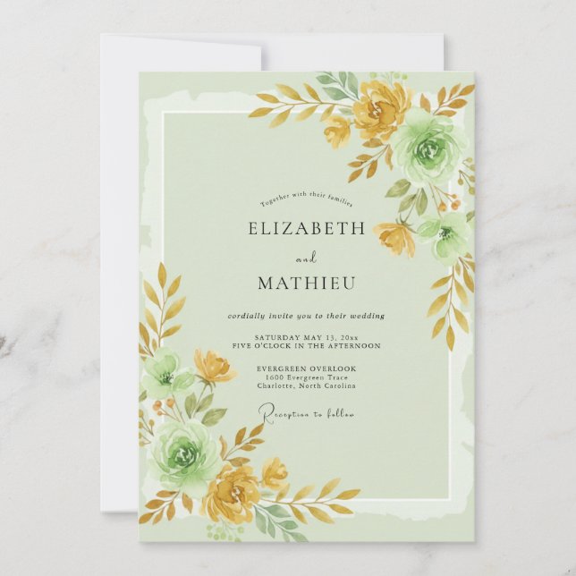 Invitation Mariage à Petale d'Or Menthe (Devant)
