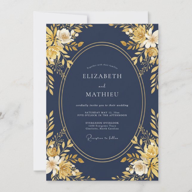 Invitation Mariage à Pétale Dorée Chaud de Minuit (Devant)