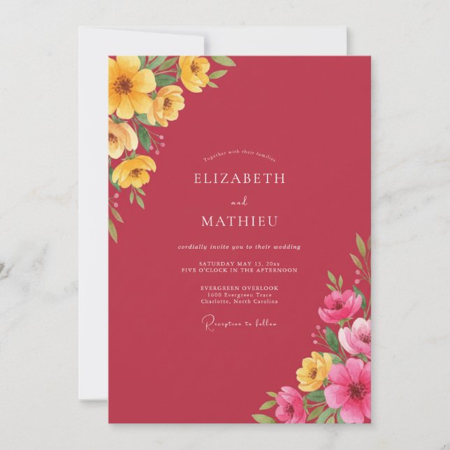 Invitation Mariage à pétale jaune cramoisi (Devant)