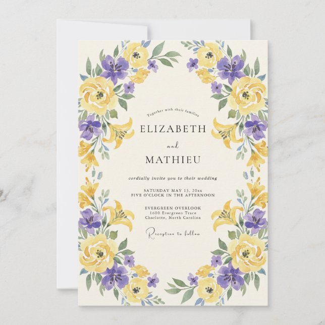 Invitation Mariage à Pétale Jaune Violet (Devant)