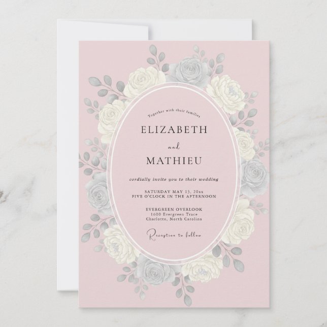 Invitation Mariage à Petale Rose Argenté (Devant)