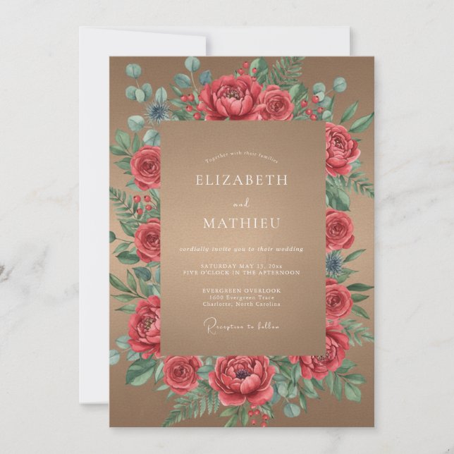 Invitation Mariage à pétale rouge et beige (Devant)