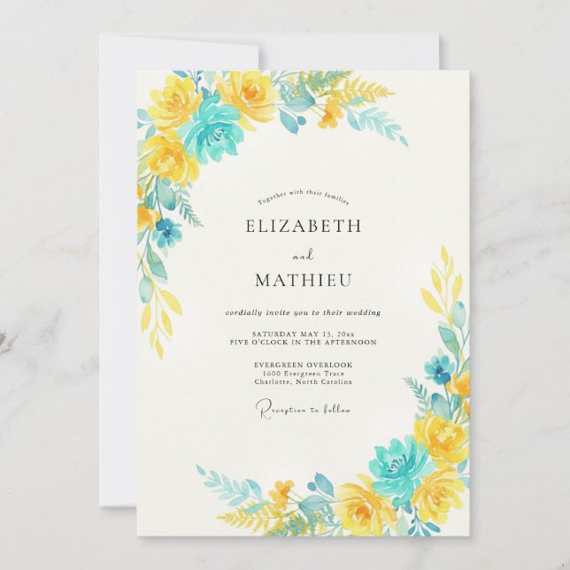 Invitation Mariage à pétale turquoise jaune (Devant)