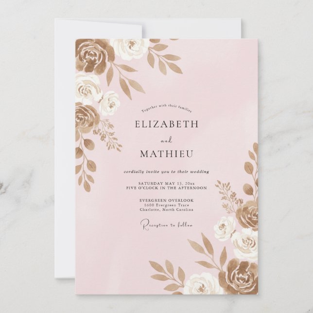 Invitation Mariage à pétales de rose dorée (Devant)