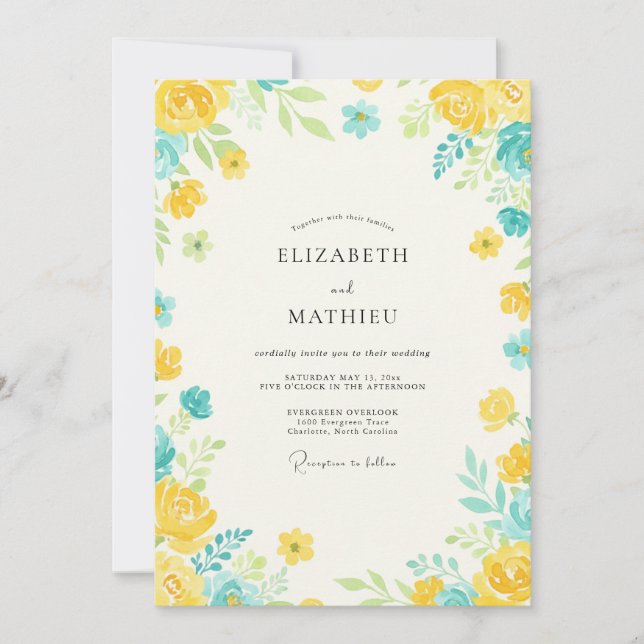 Invitation Mariage à pétales jaune aqua (Devant)