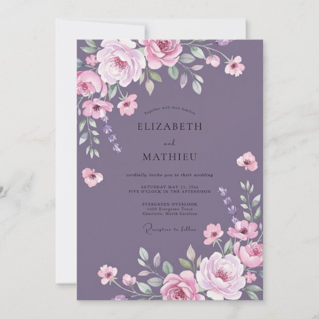 Invitation Mariage à pétales roses mauves (Devant)