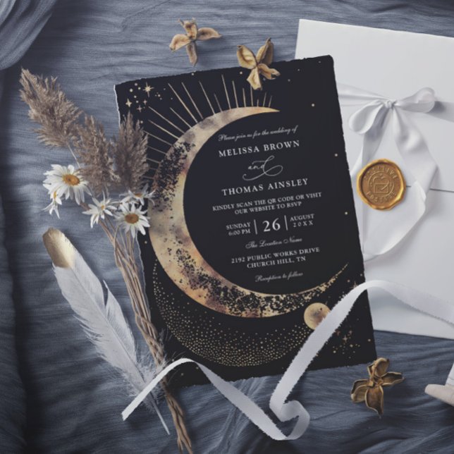Invitation Mariage à petit budget Boho nuit étoilée Lune QR C (Créateur téléchargé)