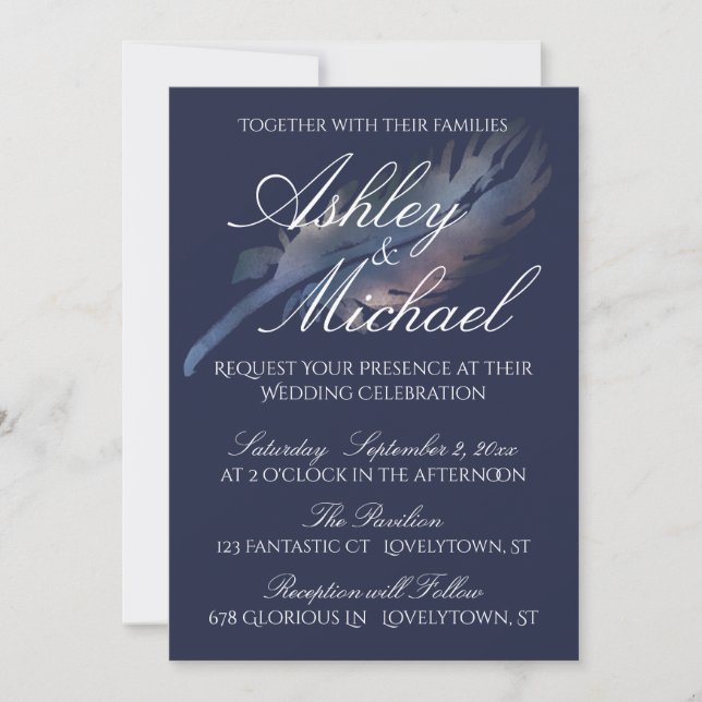 Invitation Mariage à Plume Aquarelle Numérique sur Fond Bleu  (Devant)