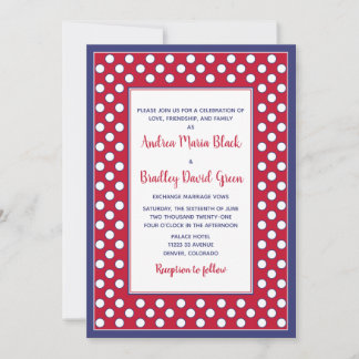 Invitation Mariage à points polka rouge, blanc et bleu