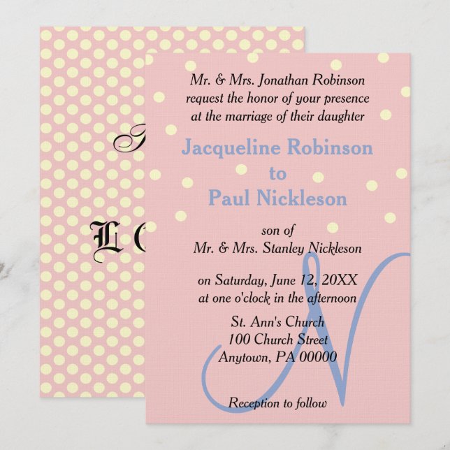 Invitation Mariage à pois avec monogramme rose et bleu (Devant / Derrière)