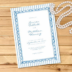 Invitation Mariage à rayures aquarelle bleu blanc fantaisiste