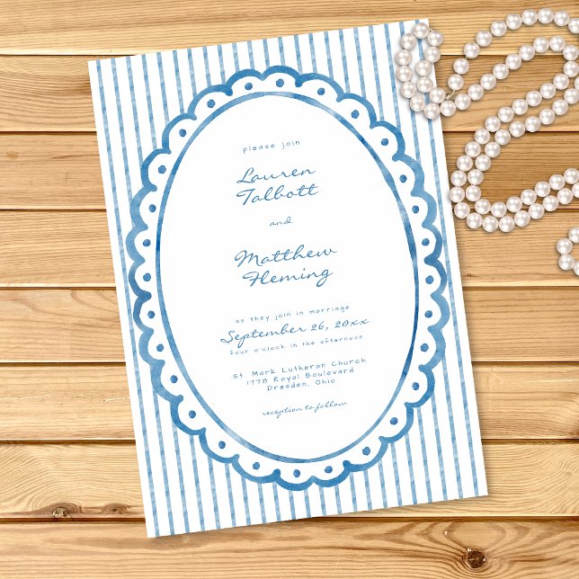 Invitation Mariage à rayures aquarelles bleues et blanches fa (Whimsical Blue White Watercolor Stripe Wedding Invitation)