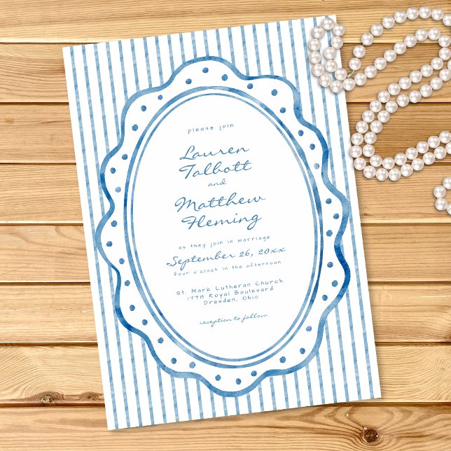 Invitation Mariage à rayures aquarelles bleues et blanches fa (Whimsical Blue White Watercolor Stripe Wedding Invitation)