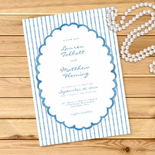 Invitation Mariage à rayures aquarelles bleues et blanches fa
