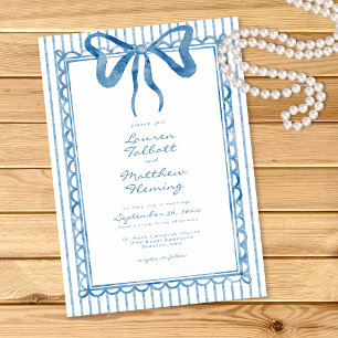Invitation Mariage à rayures avec nœud aquarelle bleu fantais