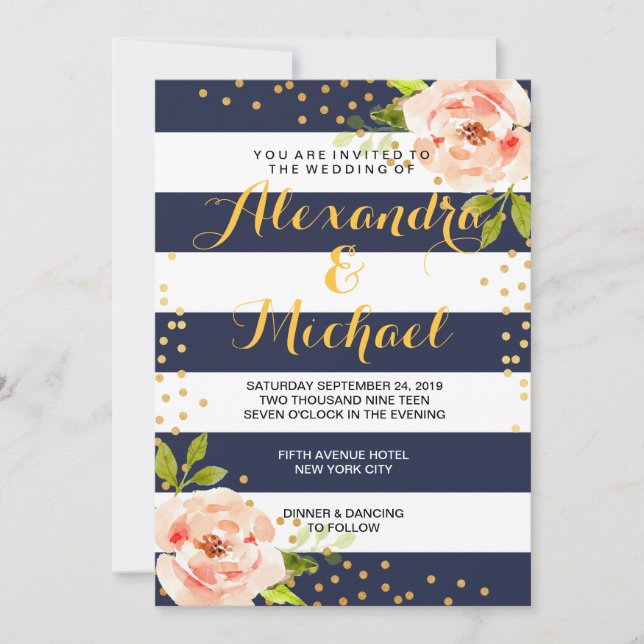 Invitation Mariage à rayures bleu marine et fleurs & points e (Devant)