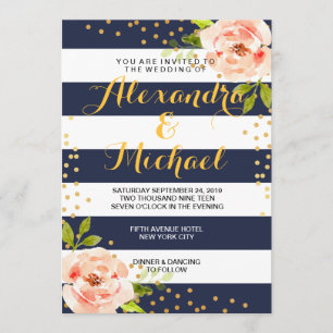 Invitation Mariage à rayures bleu marine et fleurs & points e