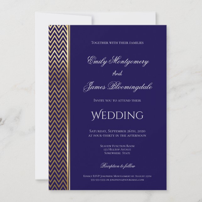Invitation Mariage à rayures bleu marine et or Chevron (Devant)