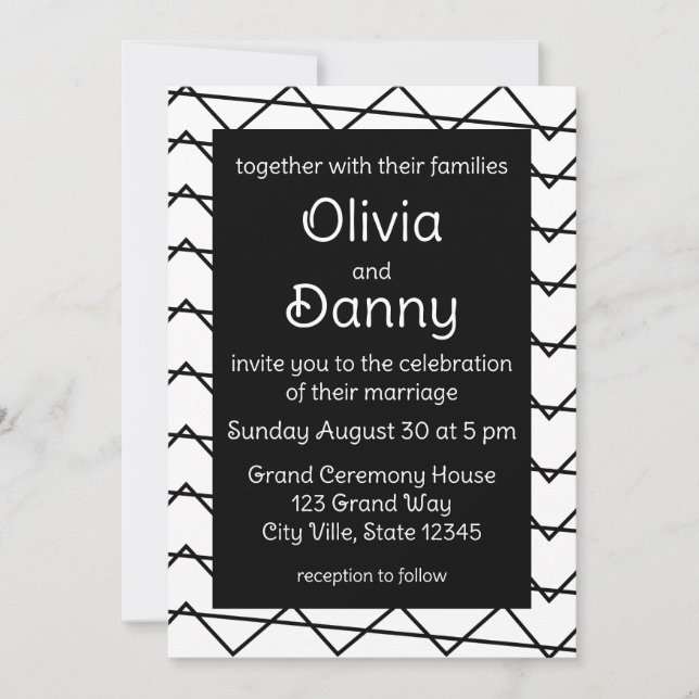 Invitation Mariage à rayures Chevron noir et blanc (Devant)