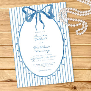 Invitation Mariage à rayures et nœud aquarelle bleu fantaisis