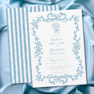 Invitation Mariage à rayures florales bleues fantaisistes des