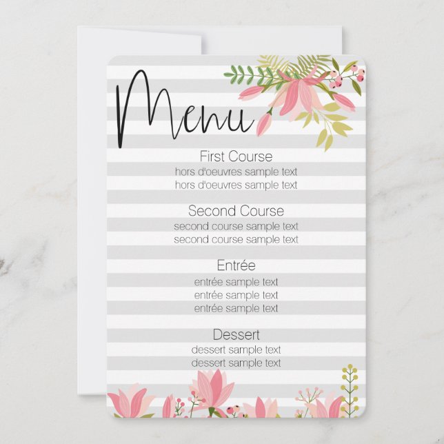 Invitation Mariage à rayures florales | Menu sur le thème de  (Devant)