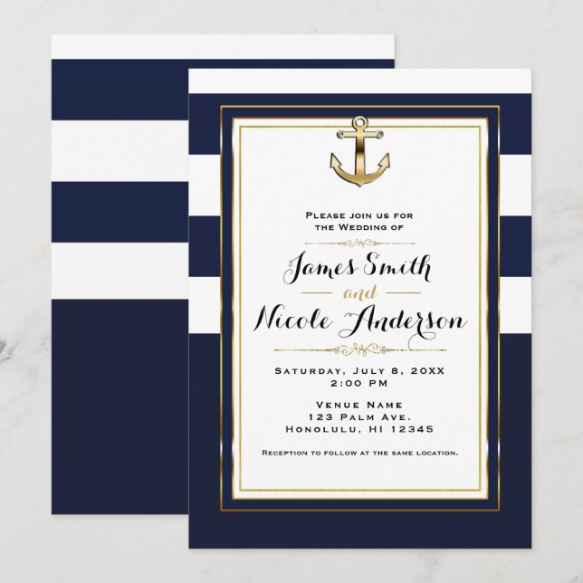 Invitation Mariage à rayures nautiques d'ancre blanche et or  (Devant / Derrière)