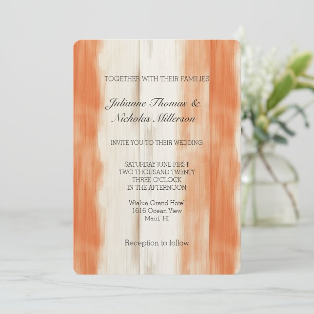 Invitation Mariage à rayures orange pêche crème (Debout devant)