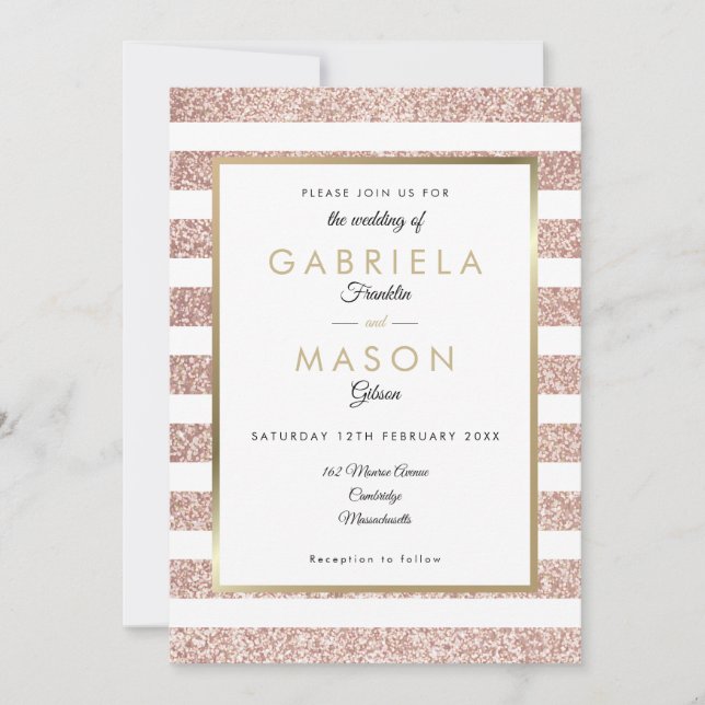 Invitation Mariage à rayures pailletées or rose (Devant)