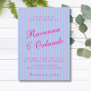 Invitation Mariage à rayures roses bleues rétro rose vif