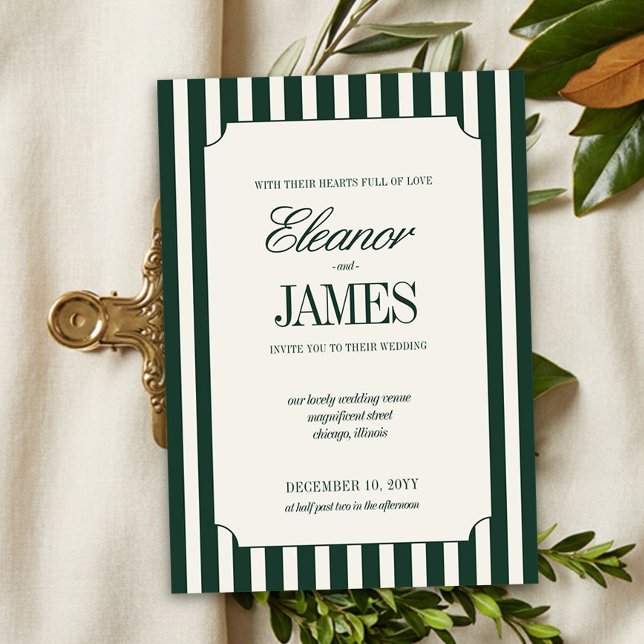 Invitation Mariage à rayures vert chasseur d'argent ancien (Classic Wedding Invitation from the Green Stripe Old Money wedding collection by Darling & May)