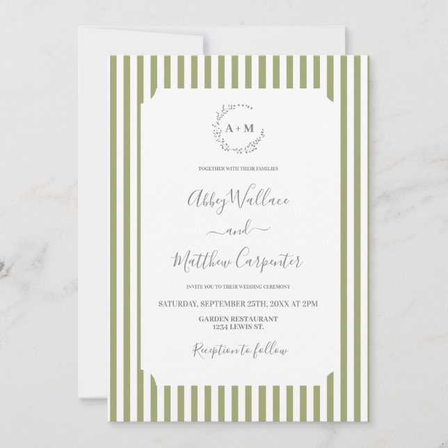 Invitation Mariage à rayures vert sauge (Devant)
