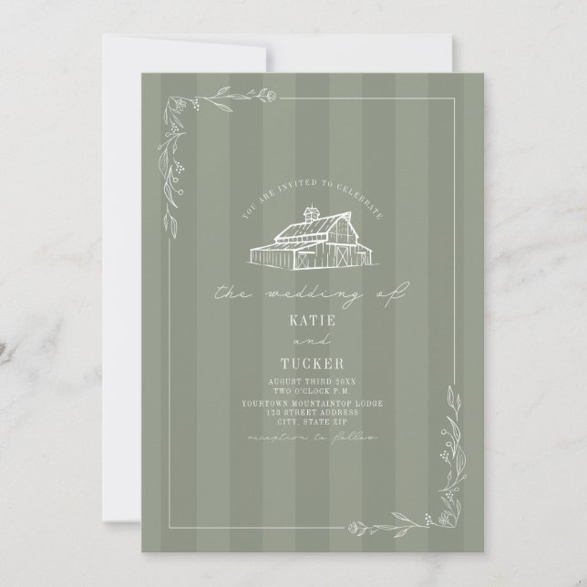 Invitation Mariage à rayures vert sauge grange rustique en li (Devant)