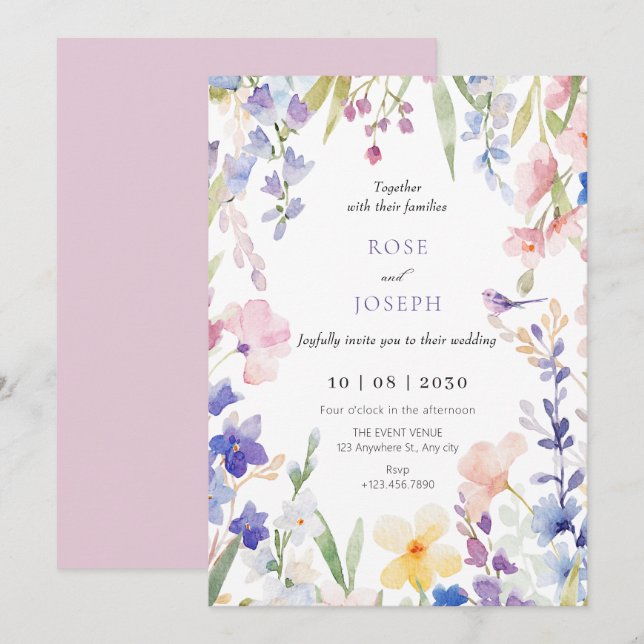 Invitation Mariage à ressort floral aquarelle (Devant / Derrière)