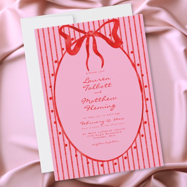 Invitation Mariage à ruban aquarelle rose rouge capricieux (Whimsical Red Pink Watercolor Bow Stripe Wedding Invitation)