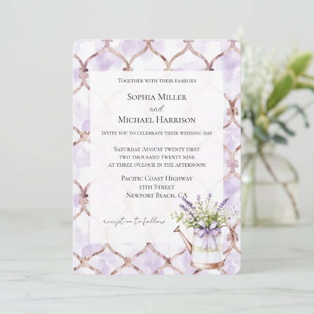 Invitation Mariage à ruban floral lavande romantique (Debout devant)