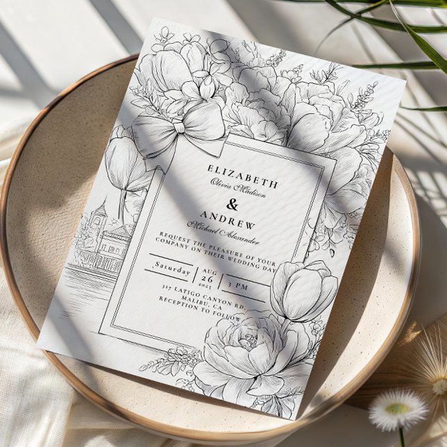 Invitation Mariage à ruban floral noir et blanc (Créateur téléchargé)