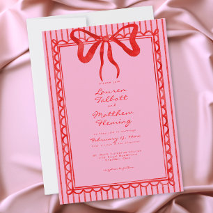 Invitation Mariage à ruban rayé rose rouge aquarelle fantaisi