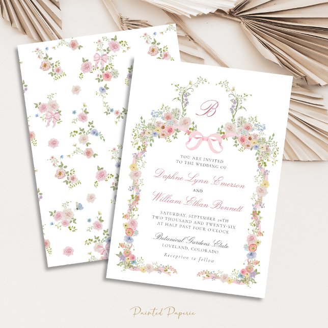 Invitation Mariage à Rubans Monogrammes et Fleurs Sauvages (Monogrammed Bows and Wildflowers Victorian Wedding Invitation
)